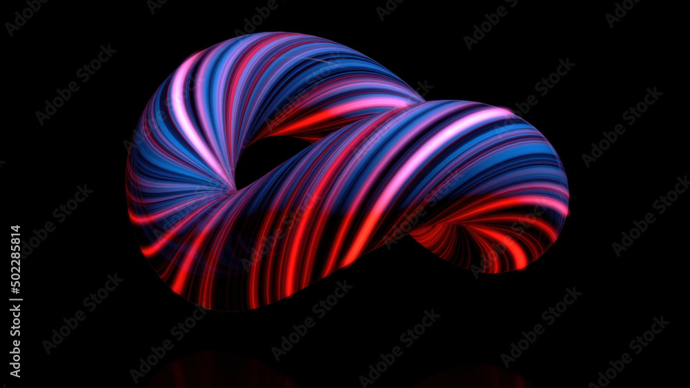Poster coloured curved figure torus. three-dimensional animation of bundle of twisted in circle of luminous