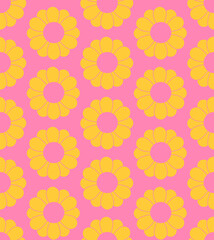Cute cartoon groovy seamless pattern. 70s retro nostalgic textile design. Vintage geometric flowers 60s hippie style background. Floral checkerboard grid funny print.