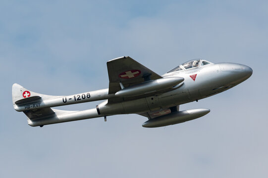 Payerne, Switzerland - September 7, 2014: Former Swiss Air Force de Havilland DH.100 Vampie T.55 aircraft HB-RVF.