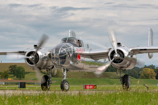 Payerne, Switzerland - August 29, 2014: World War II vintage North American B-25 Mitchell Bomber aircraft operated by The Flying Bulls collection.