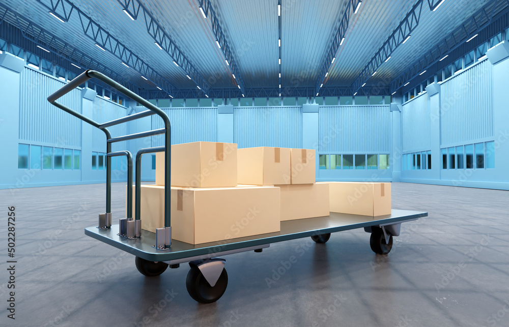 Poster empty warehouse. cart with boxes in empty warehouse. interior of re-warehouse without anyone. cart w