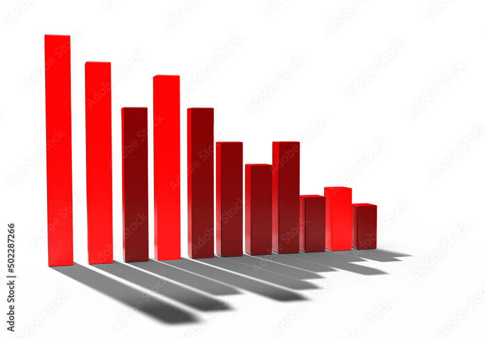 Aufkleber falling diagram. diagram shows negative economic consequences. red columns of different sizes. falli
