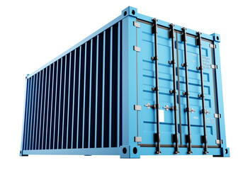 Cargo container for export. Freight tare. Sea export container front view. Freight tare blue. Transport metal box volume is 20 feet. Import of goods. Export container isolated on white. 3d rendering.