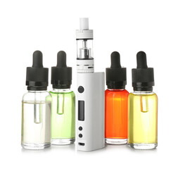 Modern vape mod and oils on white background