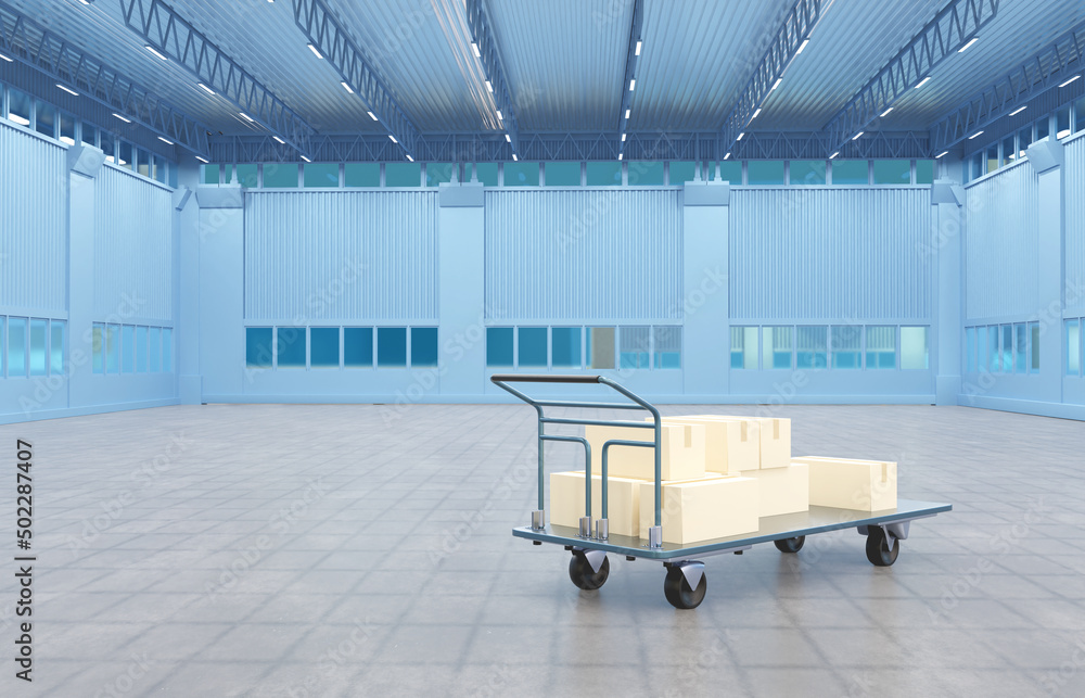 Poster empty logistics center. hand cart with card boxes. 3d rendering.