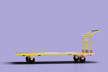 Warehouse trolley with handle. Steel cart on pink. 3d rendering.
