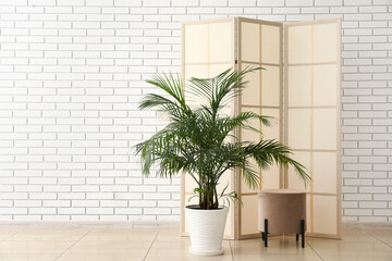 Palm tree with folding screen and pouf near white brick wall