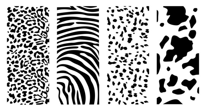 Set of animal skin textures. Vertical vector pattern. Dalmatian, leopard, cow, and zebra pattern print