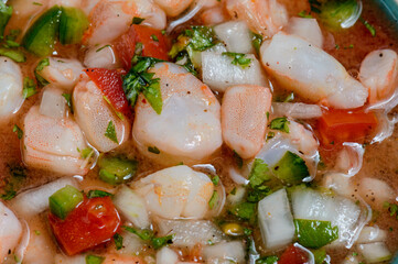Red Shrimp Ceviche, close up Mexican food, low key