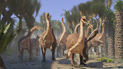 Plateosaurus herd, dinosaurs from the Late Triassic period walking in a tree fern forest 
