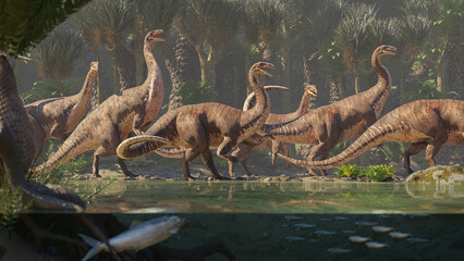 Plateosaurus herd, dinosaurs from the Late Triassic epoch walking along a river  © dottedyeti