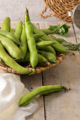 Fresh and raw green broad beans