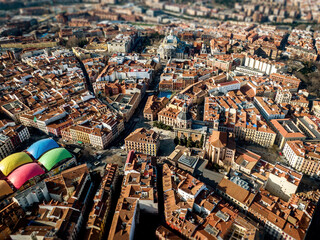 Aerial view from drone of Madrid center, old town top view, Spain.