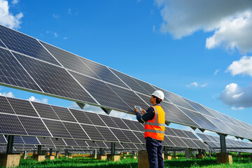 Technicians are checking the operation of the solar power plant equipment so that the power...