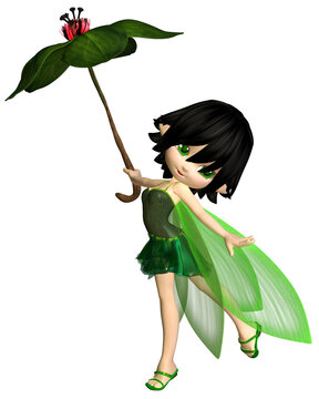 Cute Toon Umbrella Fairy in Green, 3d digitally rendered fantasy illustration