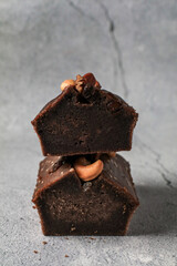 Banana Bread Loaf with nut on grey background. Morning breakfast background. Close up view recipes for healthy diet.