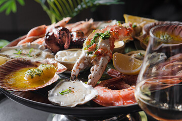 Dish with different types of seafood. Crab, caviar, shellfish, squid, scallops