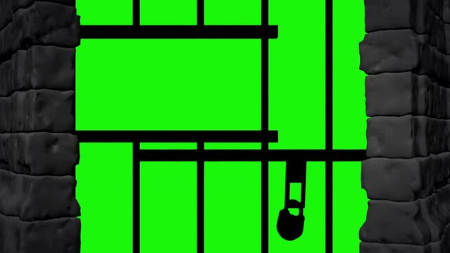 Rustic jail cell door slamming shut green screen