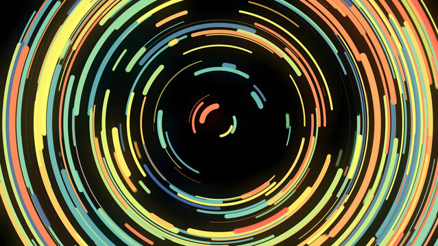 Abstract animation of colorfully twisting spiral of strokes. Animation. Beautiful neon spiral of short lines twists like disco disc on black background