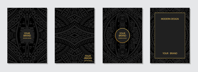 Cover design set, vertical templates, text frame. Original collection of embossed black backgrounds. Ethnic 3d pattern. Handmade style. Motives of the East, Asia, India, Mexico, Aztecs, Peru. - obrazy, fototapety, plakaty