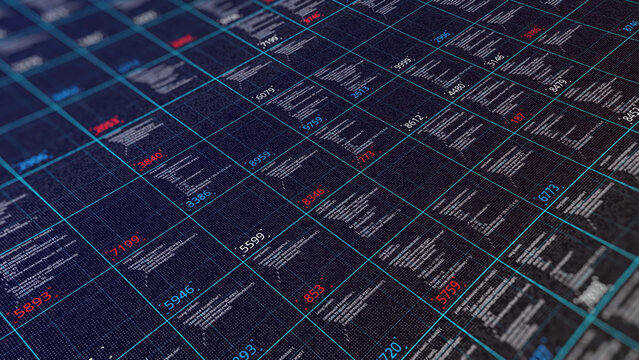 Table with computer calculations. Animation. Computational computer codes with numerical results in cells. Structured table with matrix-style calculations