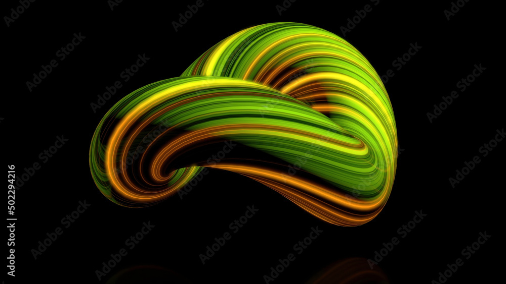 Poster coloured curved figure torus. three-dimensional animation of bundle of twisted in circle of luminous
