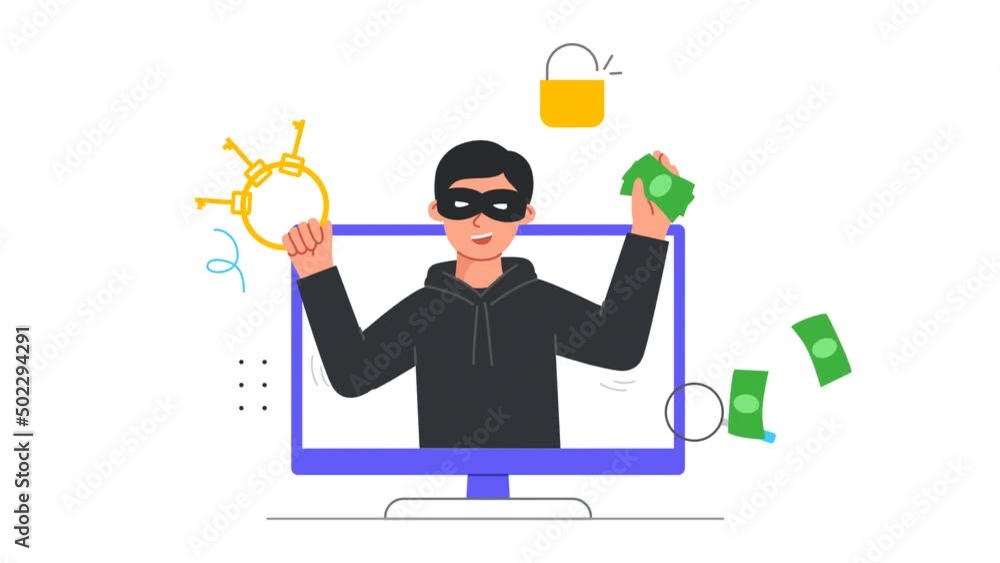 Poster internet fraud and hacker attack video concept. moving cybercriminal looks out of computer with mone