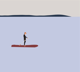 Stand up paddle board man paddle boarding on blue water. Active people, outdoors activities, and healthy lifestyle. Vector illustration in flat style