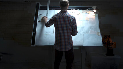 Young engineer standing at the white board with drawing and plan back view. Male architect standing at drawing board and floor plan with pencil in hand at office