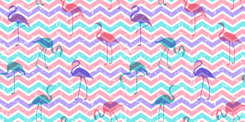 Flamingo vector seamless pattern, summer animal background, rainbow wave print, pink bird wallpaper, pastel grunge texture. Repeat illustration