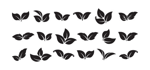 Leaf vector icon, sprout plant set, organic foliage, bio sign different shape. Simple black silhouettes isolated on white background. Nature illustration