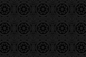 Vintage abstract embossed black background, trendy cover design. Geometric 3D pattern, elegant ethnic texture for design and decor. Motives of the East, Asia, India, Mexico, Aztecs, Peru.