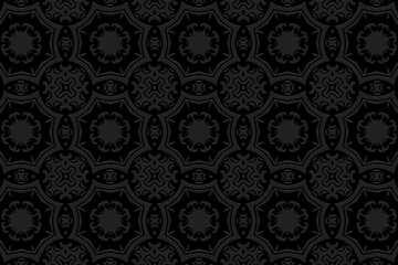 Vintage abstract embossed black background, trendy cover design. Geometric 3D pattern, ornamental ethnic texture for design and decor. Motives of the East, Asia, India, Mexico, Aztecs, Peru.