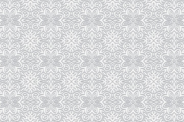 Vintage embossed white background, trendy cover design. Geometric 3D pattern, floral ethnic texture for design and decor. Motives of the East, Asia, India, Mexico, Aztecs, Peru.
