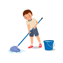 cute little boy mopping the floor with mop and bucket doing housework chore at home