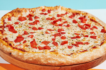 Italian pizza margherita with tomato on coloured background. Margherita pizza in minimal style on orange, white and blue colours. American pizza delivery concept with color backdrop