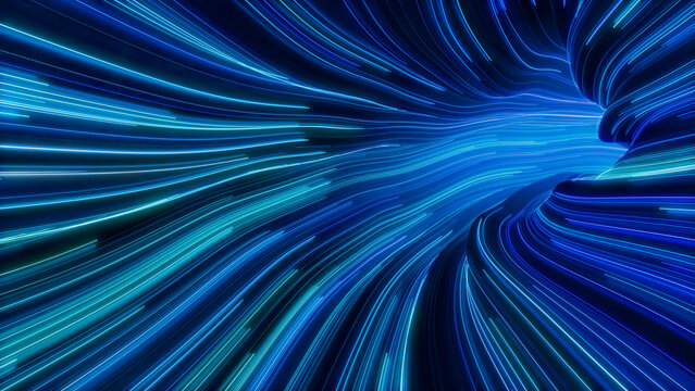 Colorful Neon Lines Tunnel with Blue, Purple and Turquoise Swirls. 3D Render.