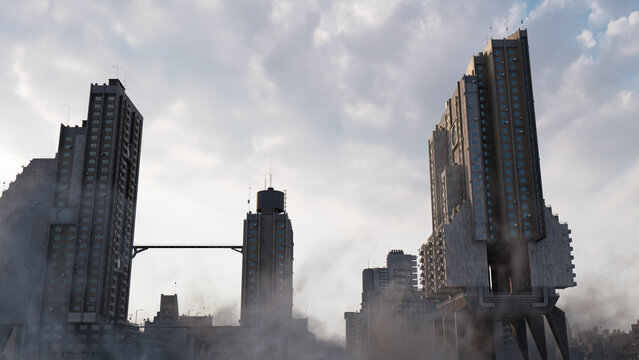 Concrete City Skyline. Soviet Modernist Buildings against a Cloudy Morning Sky.