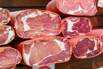 Pastirma (basturma) in a butcher shop at Istanbul, Turkey
