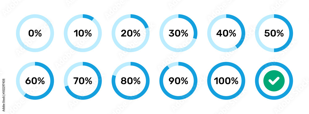Poster circle progress icon set from0 to 100 percent isolated on white background.