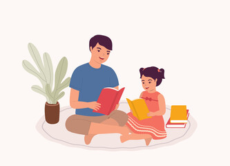 Fototapeta premium Smiling Boy And Girl Sitting On Carpet Floor Reading Book Together. Full Length. Flat Design, Character, Cartoon.