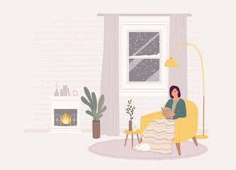 One Young Woman Sitting On Yellow Couch Reading Book In Winter Time At Her Cozy Living Room. Full Length. Flat Design, Character, Cartoon.