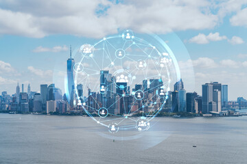 Fototapeta na wymiar Aerial panoramic helicopter city view of Lower Manhattan and Downtown financial district, New York, USA. Social media hologram. Concept of networking and establishing new people connections