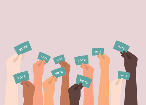 Diverse Group Of Human’s Hand Holding Paper With “Vote” Text. Close-Up. Flat Design, Character, Cartoon.