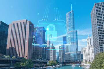 Obraz premium Panorama cityscape of Chicago downtown and Riverwalk, boardwalk with bridges at day time, Chicago, Illinois, USA. The concept of cyber security to protect companies confidential information