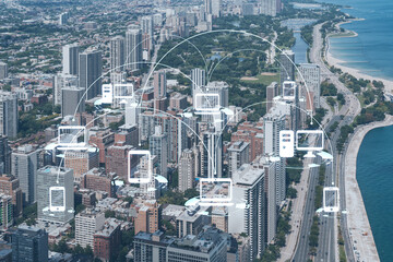 Aerial panorama city of Chicago downtown area and Lake, day time, Illinois, USA. Birds eye view,...