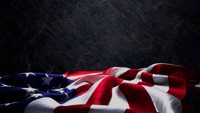 American Flag Banner for Independence Day on Black Slate. Authentic Holiday Background with Copy-Space.