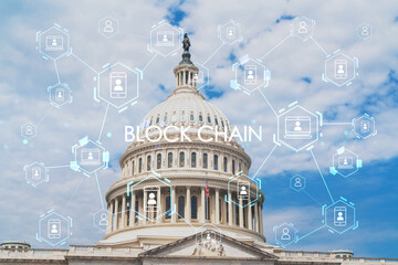 Fototapeta na wymiar Capitol dome building exterior, Washington DC, USA. Home of Congress and Capitol Hill. American political system. Decentralized economy. Blockchain, cryptography and cryptocurrency concept, hologram