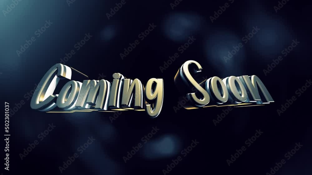 Poster coming soon 3d cinematic title trailer animation opening intro text message on blue background. 4k 3