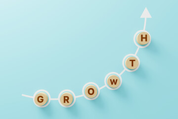 Business success growing growth increase up concept. Wooden cube block on light blue background with word GROWTH and copy space for your text. 3D rendering illustration